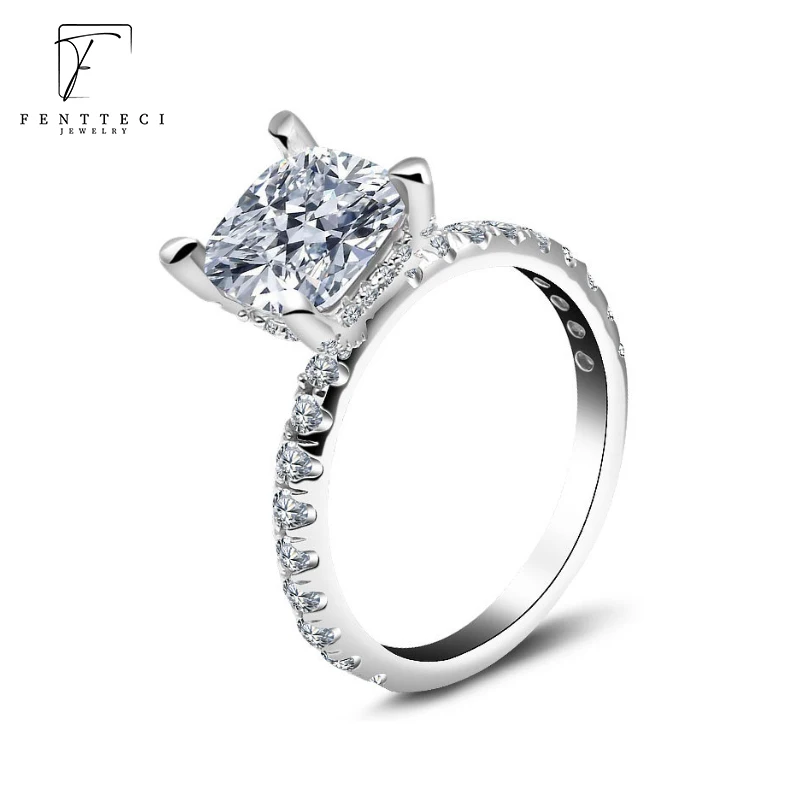 FENTTECI 925 Sterling Silver Light luxury Princess Moissanite Ring Women's Classic Wild White Pink Yellow Diamond Wedding Ring