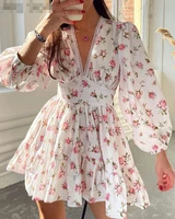 women floral v neck puff sleeve lace sweet short dress 2022 summer fashion new ladies lace hem ruffled a line dresses