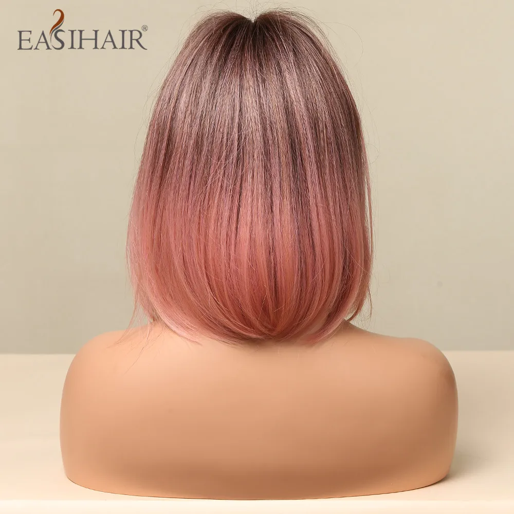 EASIHAIR Ombre Brown Pink Short Bob Wigs with Bang for Women Heat Resistant Synthetic Straight Hair Wig for Women Cosplay Lolita