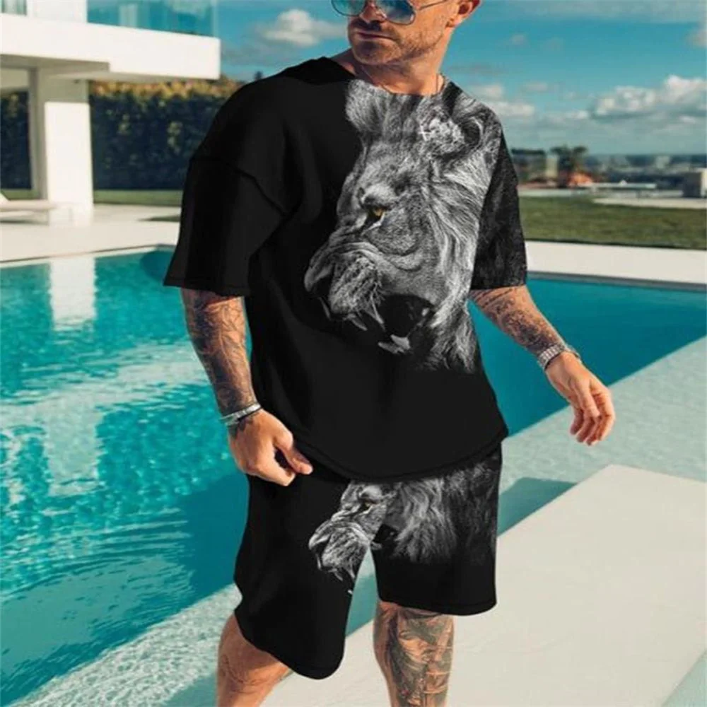 

Summer Ferocious Lion Print Men Sets Causal Man Clothes Oversized Tshirt Beach Shorts Sportswear O-neck Tracksuits Suit Clothing