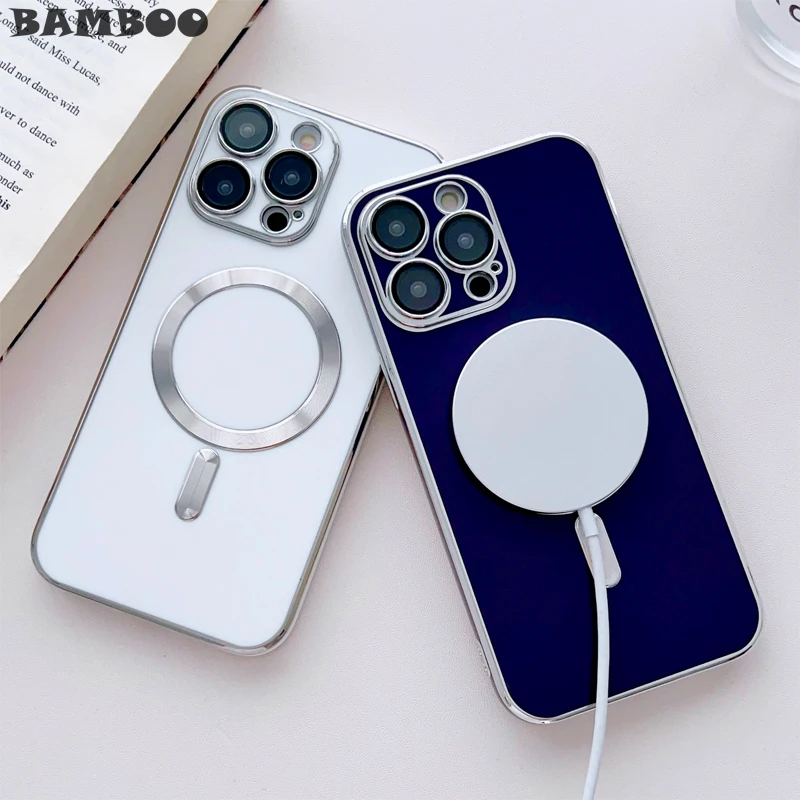 

Luxury 6D Plated Solid Color Soft Anti-drop Phone Case for iPhone 14 13 12 11 Pro Max X XR Magsafe Magnetic With Lens Film Cover