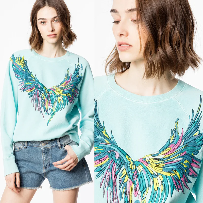 

Fashion ZV Women Sweatshirts Spring Autumn Pullovers Sweatshirts Women Embroidery Wing Pattern Sweatshirts Vintage Sweatshirt