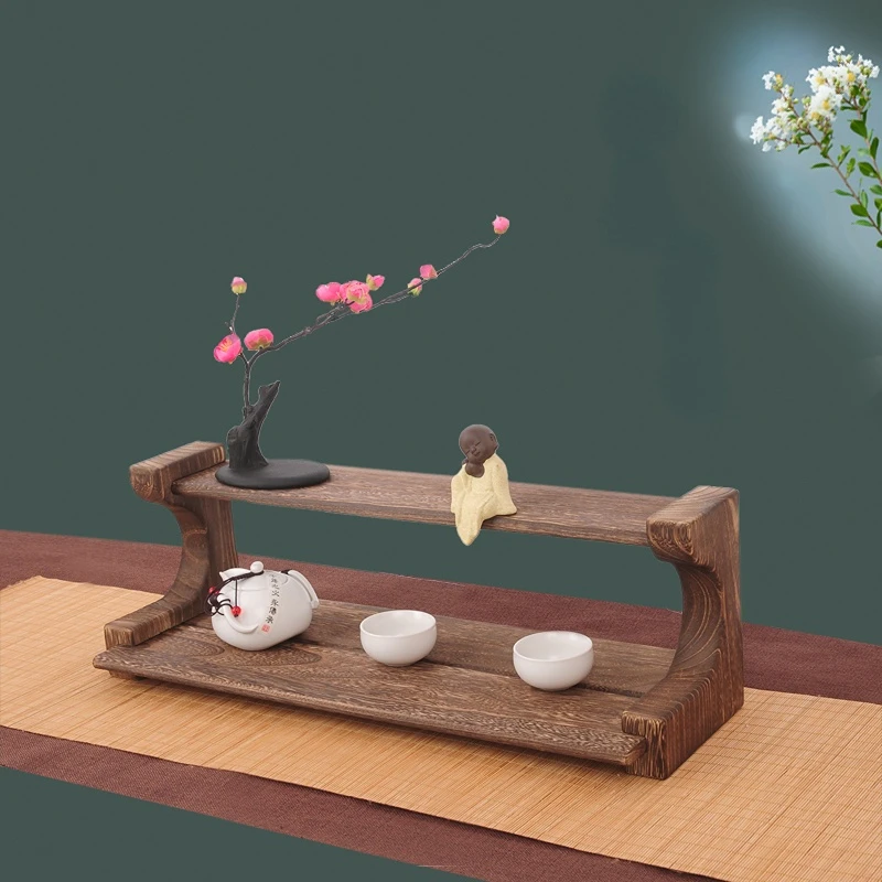 Chinese style retro solid wood tabletop storage rack tea room set cup and teapot display |