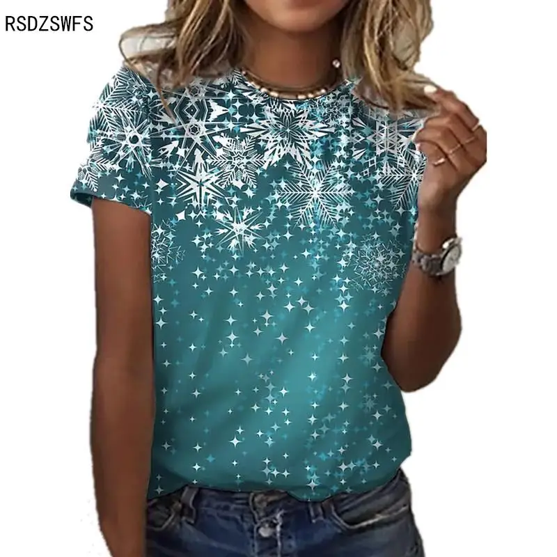 

Round Neck T-shirt Clothing Summer Fashion Ladies 3D Snowflake Pattern Digital Printing Short-sleeved Casual Loose T-shirt Top X