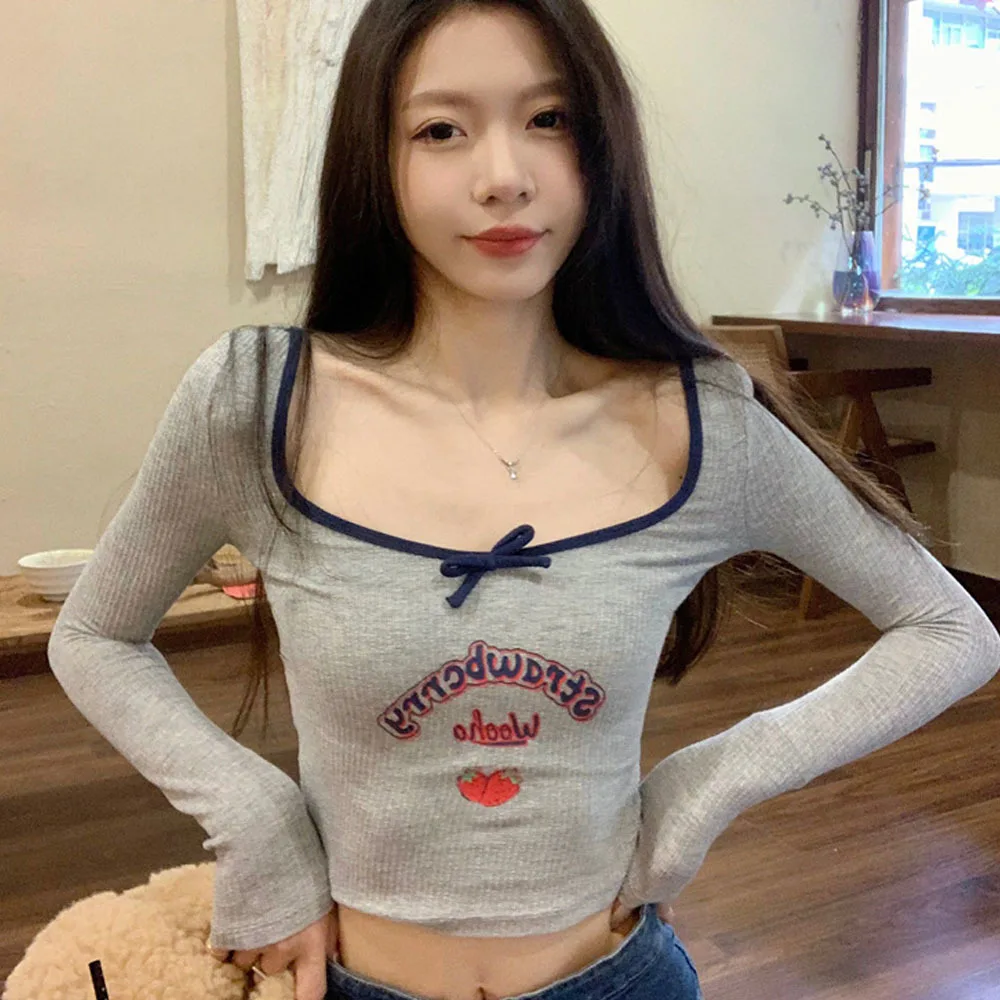 

Women Shoulder Trend 2023 Top Vintage Tight Long-sleeve New Spring Raglan Women Printing Korean T-shirt Punk Tee Preppy Contrast