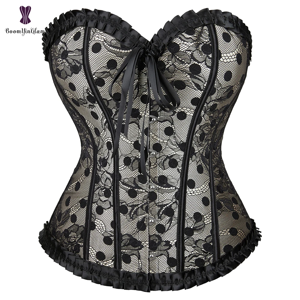 

Overbust Corset Beige Satin Black Lace Polka Dot Sexy Lingerie Corselet Victorian Korset Gothic Clothing