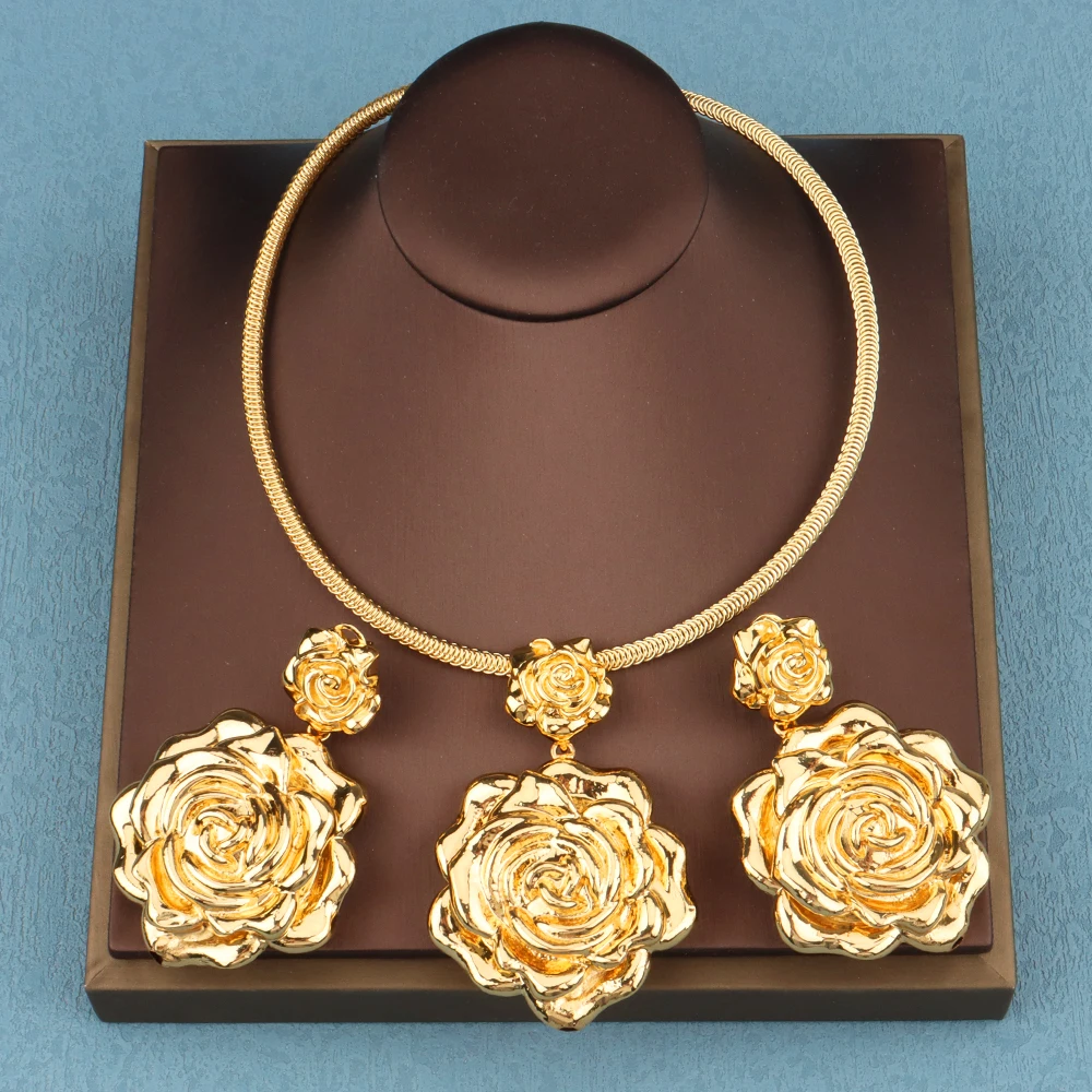 

Dubai Jewelry Sets for Women African Romantic Big Rose Earrings Pendent Necklace 2PCS Set for Party Wedding Bride Gifts
