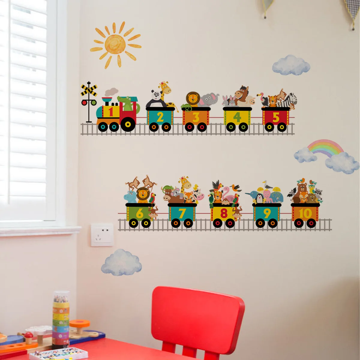 Акварельные Мультяшные животные цифры поезд медведь слон жираф настенные