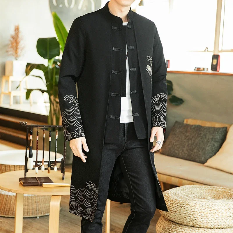 

Chinese Style Long Windbreaker Jacket Men Streetwear Oriental Clothes Men Hip Hop Chinese Mandarin Jacket Coat
