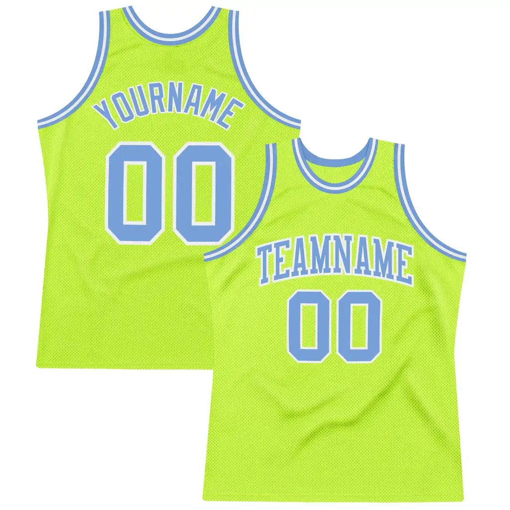 

Custom Neon Green Light Blue-White Authentic Throwback Basketball T Shirts