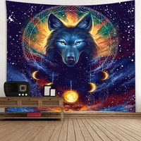 psychedelic wolf moon starry sky tapestry hippie animal wall hanging cloth carpet home room decor tapestries backdrop bed sheet