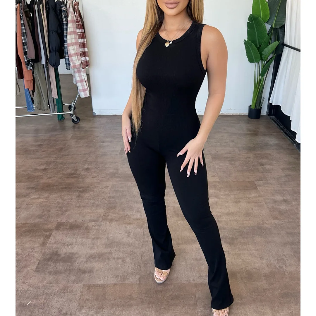 Solid Color Elegant Ribbed Jumpsuits Slim One-Piece Romper Bodycon Clothes Sleeveless Women Casual Outfit Flare Pants Playsuit