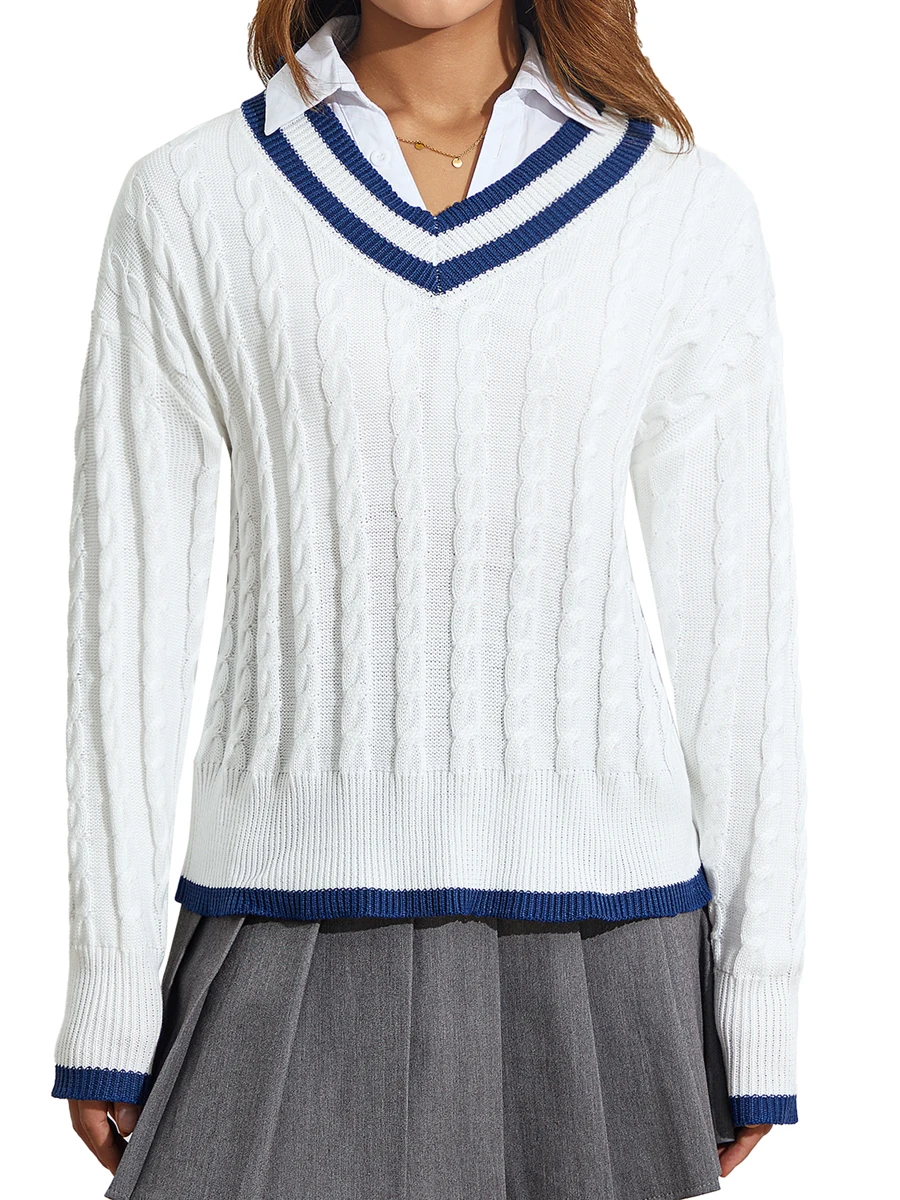 

Women s V Neck Sweaters Preppy Style Long Sleeve Striped Print Cable Knit Jumper Tops