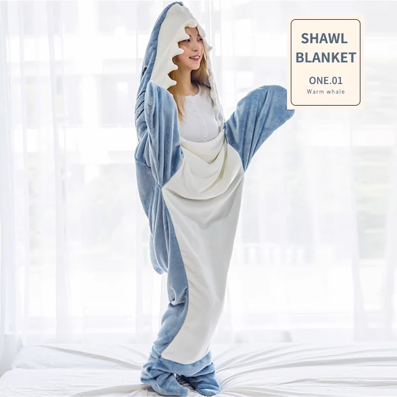 

Super Soft Cartoon Shark Sleeping Bag Cozy Flannel Wearable Shark Blanket Playsuit Funny Homewear For Children Adult