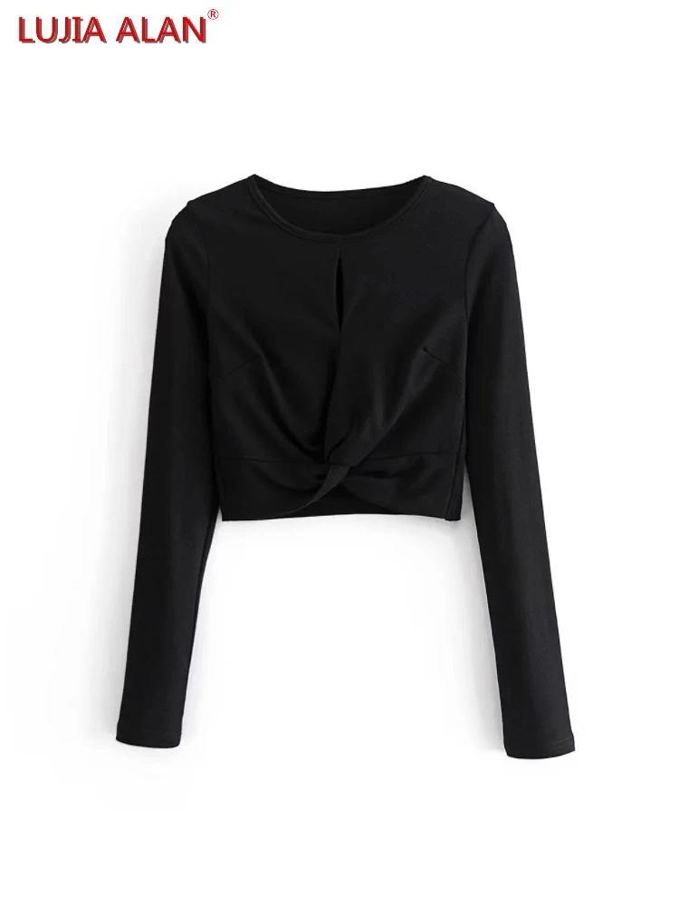 

New Women Opening Twist Knot Design Black Knitted Short T-Shirt Casual O-Neck Long Sleeve Crop Tops LUJIA ALAN T1751