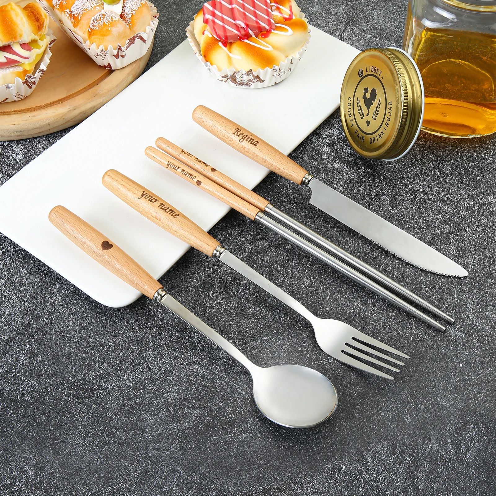 

Набор столовых приборов из нержавеющей стали для детей, персонализированная ложка, вилка, нож для кормления, набор посуды, 4 предмета