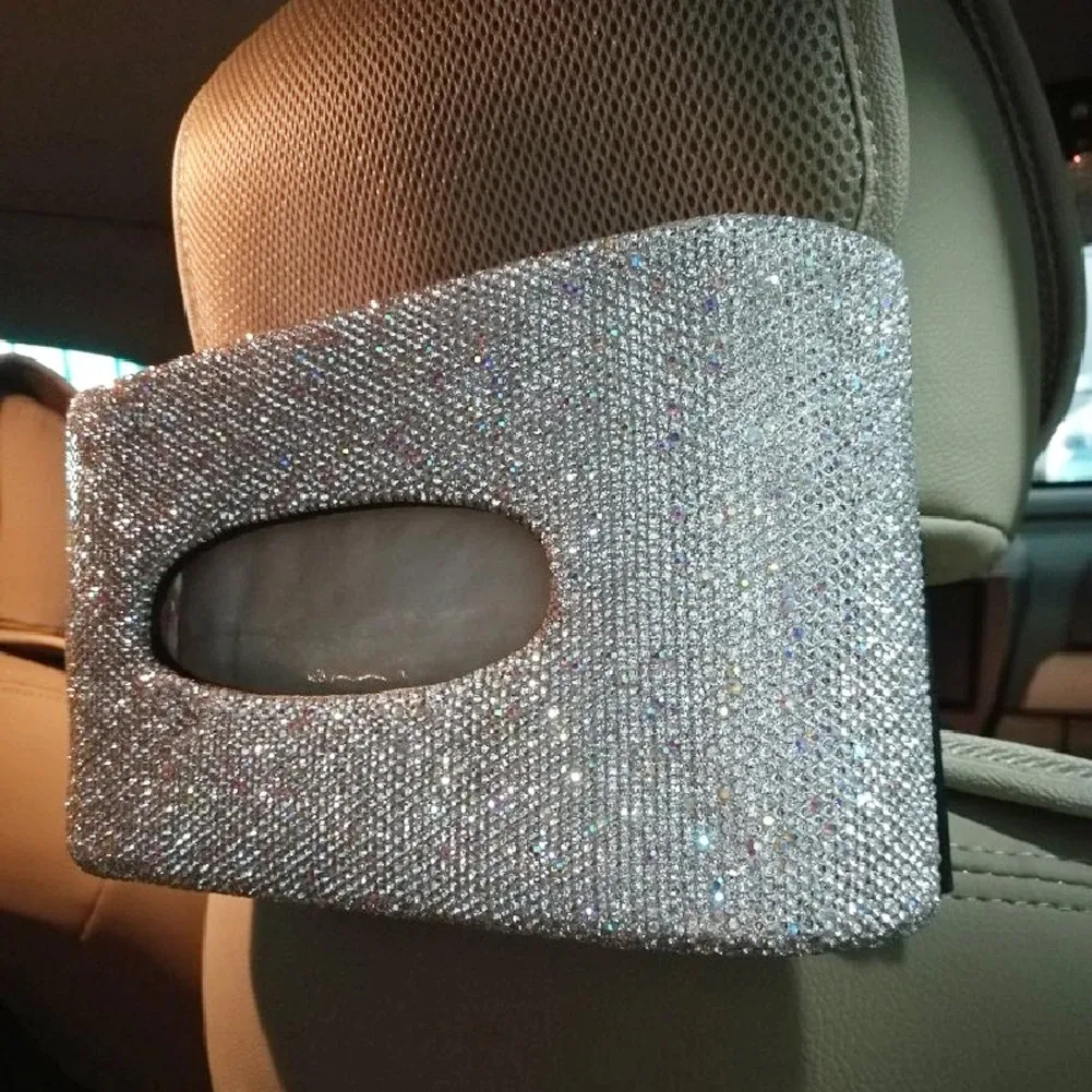 

Sparkly Car Tissue Box with White Crystals Headrest Seat Back Hanging Tissue Box Great Gift for Women Car Interior Accessories