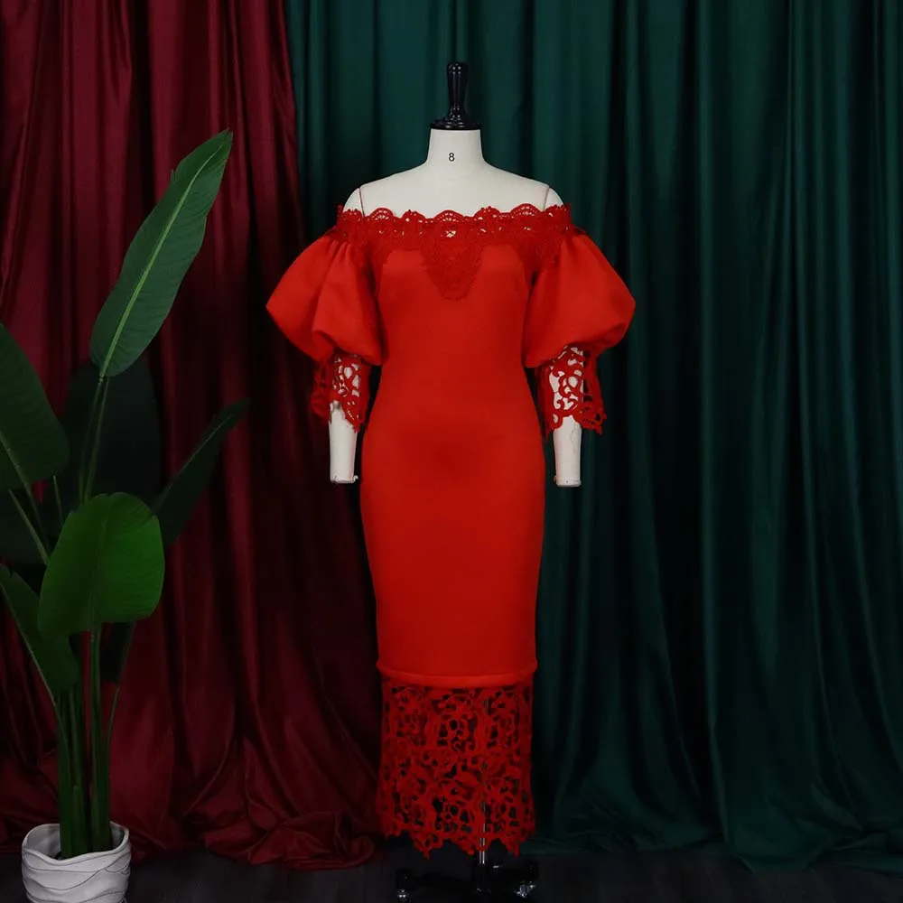 

Party Style Summer Solid Color Pencil Dress for Women Lace Zipper Decor Slash Neck Puff Sleeve High Waist Slim Hips Dress