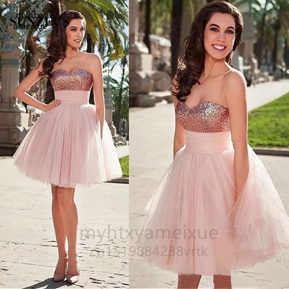 

Sexy Lovely Pink Homecoming Gowns Short Cocktail Dresses Sleeveless Sweetheart Wedding Party Gowns Knee Length Sequined