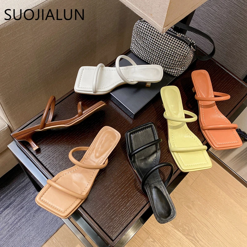 

Лето 2023, женские сандалии SUOJIALUN с узкими ремешками, модные сандалии с квадратным носком, женские элегантные уличные повседневные шлепанцы