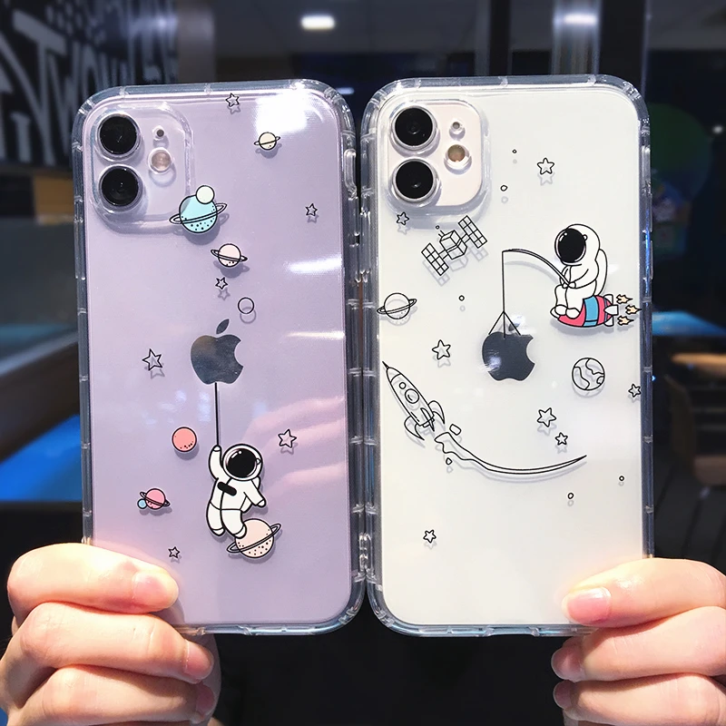 

Cute Astronaut Planet Cartoon Clear Phone Case For iPhone11 12 13Pro MAX XR XS Mini 7 8Plus Star Transparent Soft TPU Cover