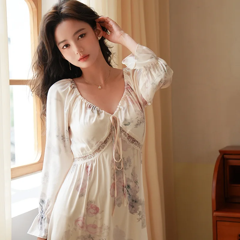 SXTHAENOO New French Long-Sleeved Ice Silk Sleepwear Nightdress Apricot Flower Lace Pajamas Night Wears For Women пижама женская