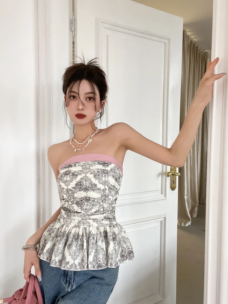 

Retro Tie-Dye Print Tube Top Vest Women Summer Korean Style Off Shoulder Ruffled Hem Tops Elegant Tunic Stretch Slim Tanks-Top