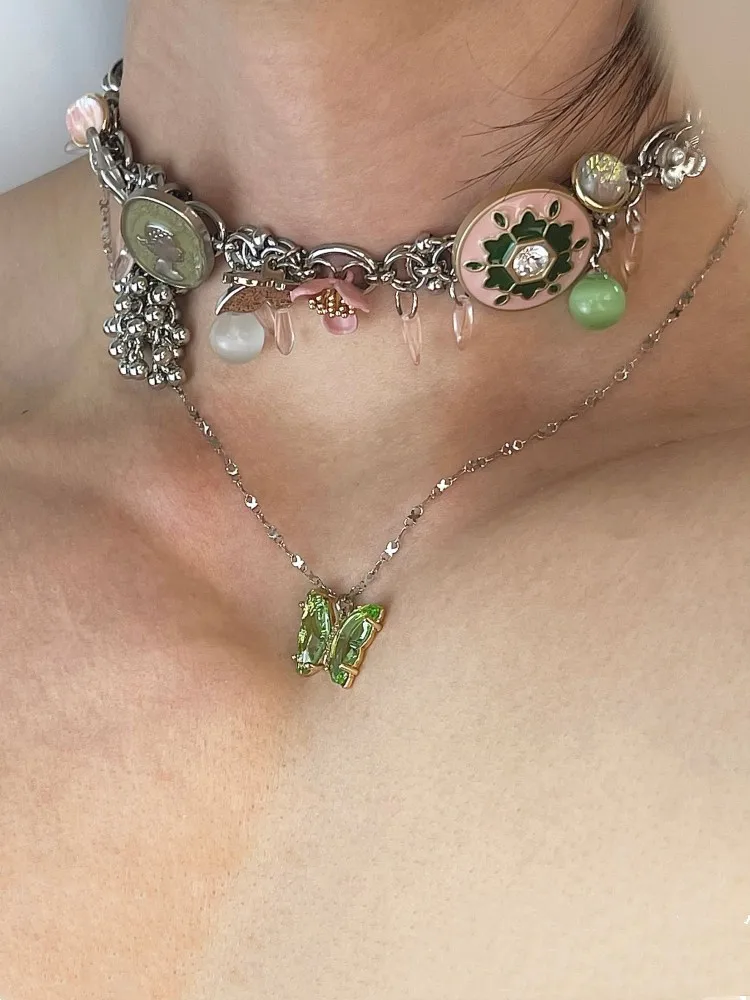 HUANZHI Новое зеленое винтажное Двухслойное ожерелье Цветочная Бабочка из циркона