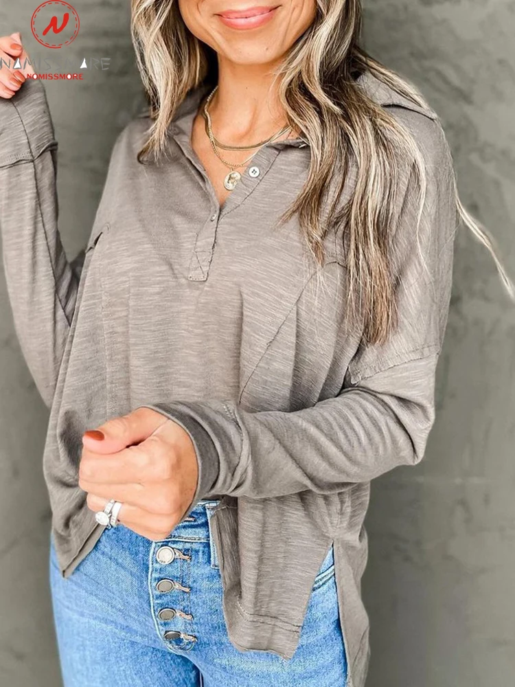 

Fashion Women Solid Color T-Shirts Side Split Design Button Decor Turn-down Collar Long Sleeve Casual Loose Pullovers Top