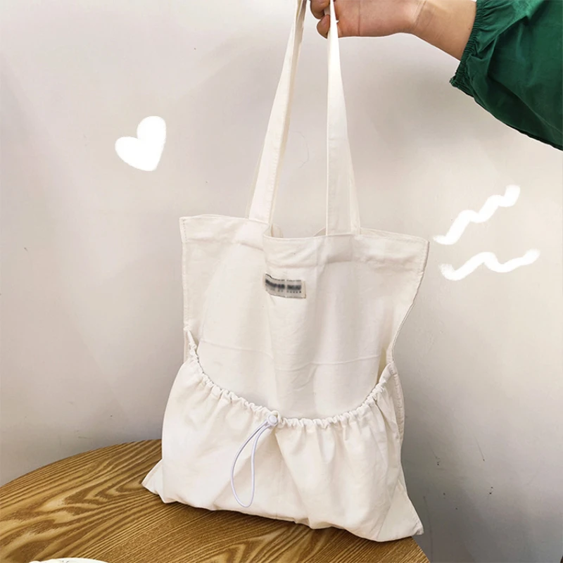

Solid Color Women Canvas Shoulder Bag Large Capacity Ladies Shopper Shopping Bags Drawstring Pocket Female Casual Tote Handbags