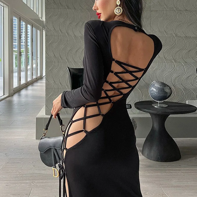 Hollow Out Elegant Black Sleeveless Bandage Sexy Dress For Women Club Party Backless Tank Dresses Skinny Fashion Summer 2022