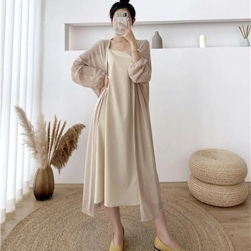 

Geskeey Summer New Pure Color Elegant Simple Ol Sunscreen Clothes Medium Long Cardigan Thin Coat Kimono