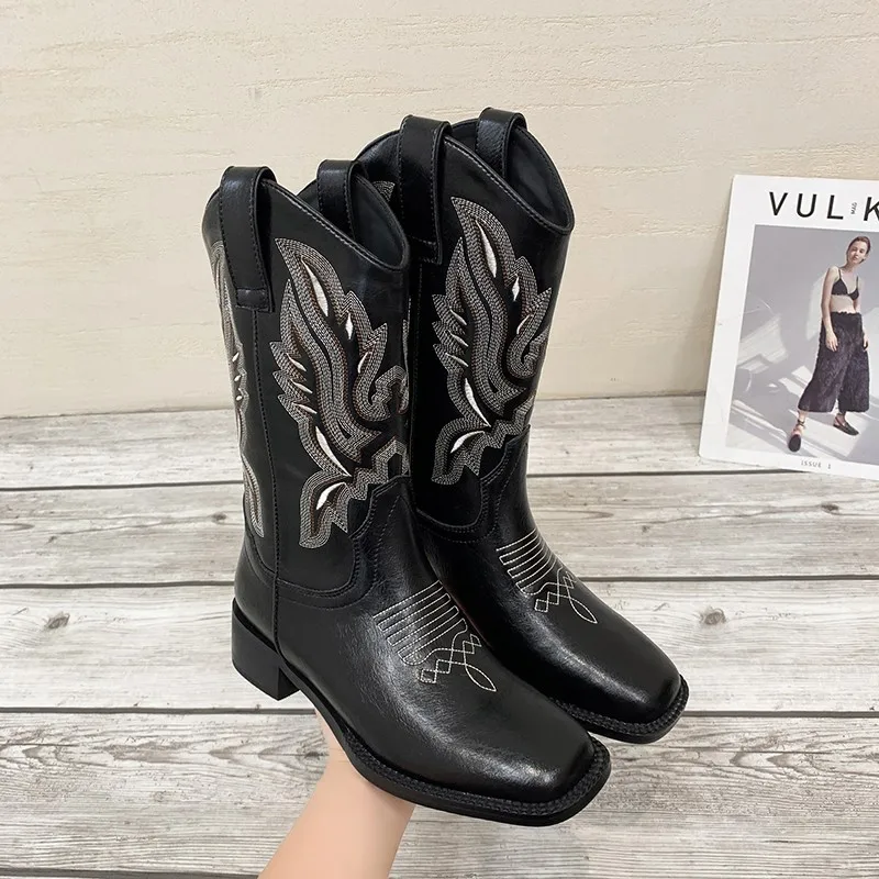 Fashion Embossed Microfiber Leather Women Boots Pointed Toe Western Cowboy Boots Women Knee-High Boots Chunky Wedges