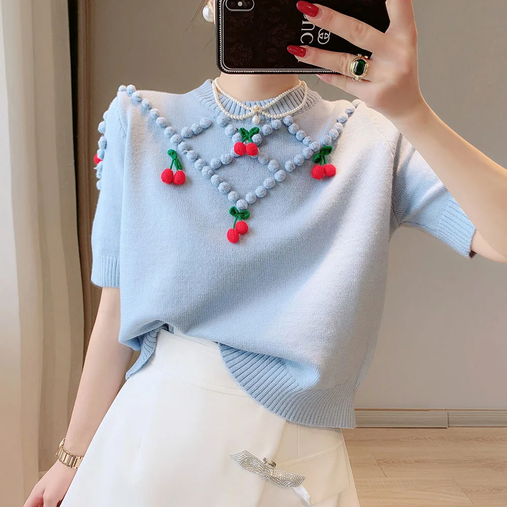 

Женский трикотажный свитер с 3d-вышивкой, свитер с коротким рукавом и вишней, в японском стиле, милый шикарный топ, весна-лето 2022