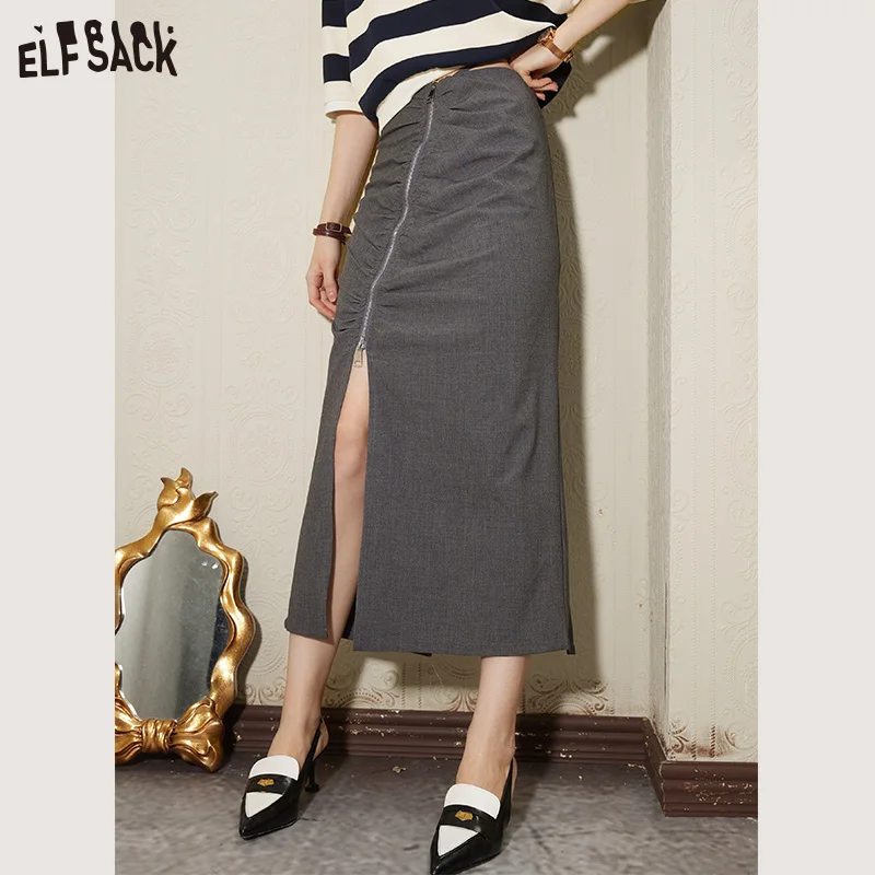ELFSACK Gray Fold Split Skirts Women 2023 Spring/Summer New A-line Elegant Bottom