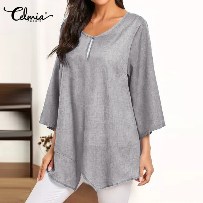 

Celmia 2022 Women Solid Wild Shirts Leisure Hollow O Neck Blouses Summer Casual Loose 3/4 Sleeve Tunic Asymmetrical Hem Blusas