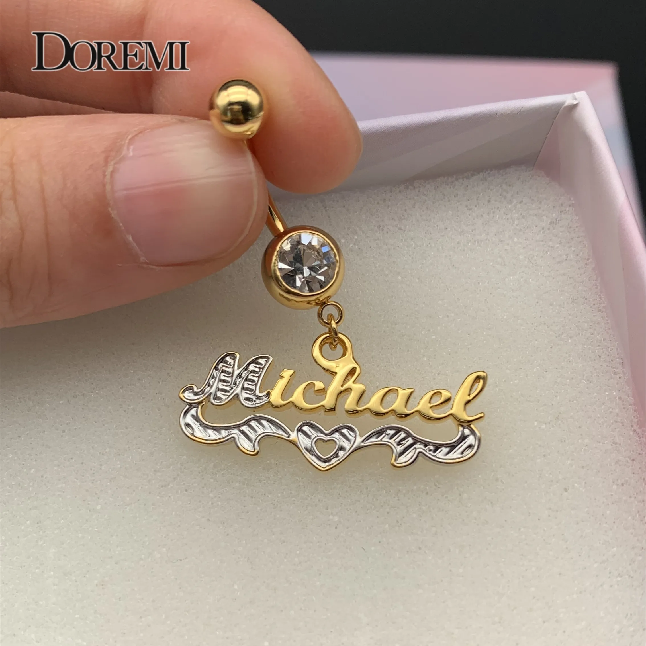 DOREMI 2Colors Custom Name Belly Ring Custom Body Jewelry Zircon Personalized Heart Letter Belly Ring Gold Color Gift for Women
