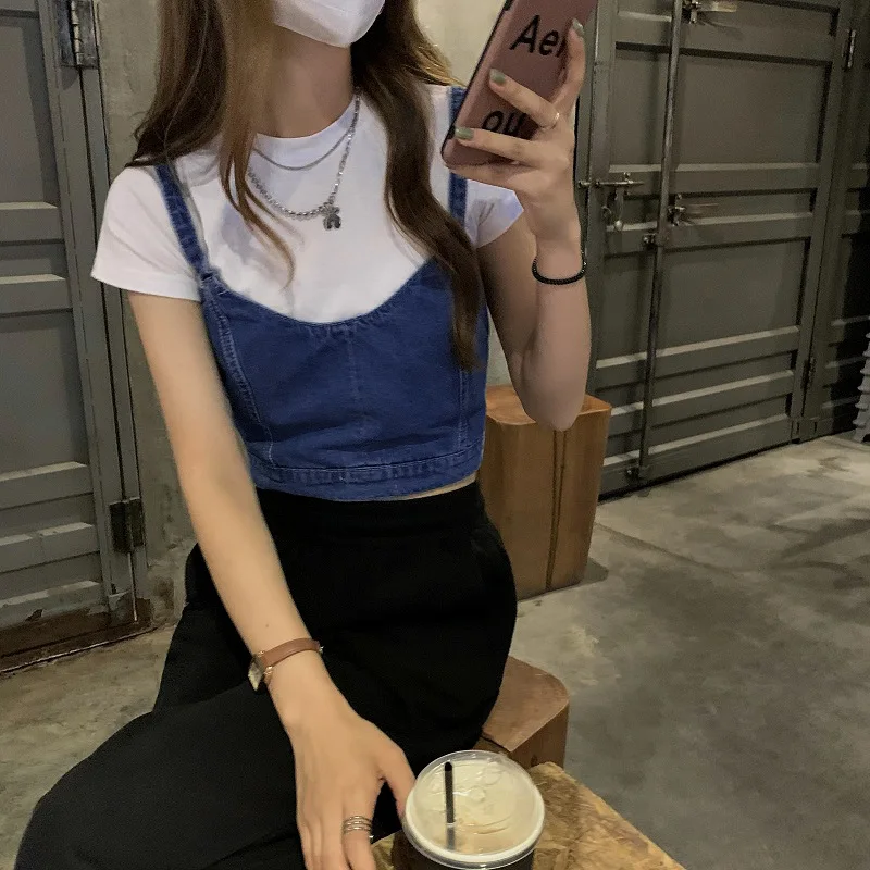 Модный женский джинсовый укороченный топ с высокой талией утягивающий жилет