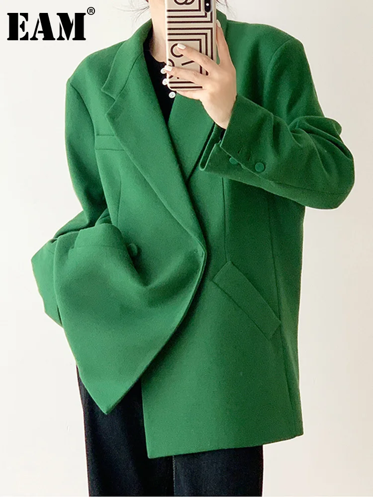 

[EAM] Women Green Brief Casual Big Size Blazer New Lapel Long Sleeve Loose Fit Jacket Fashion Tide Spring Autumn 2023 1DE9390