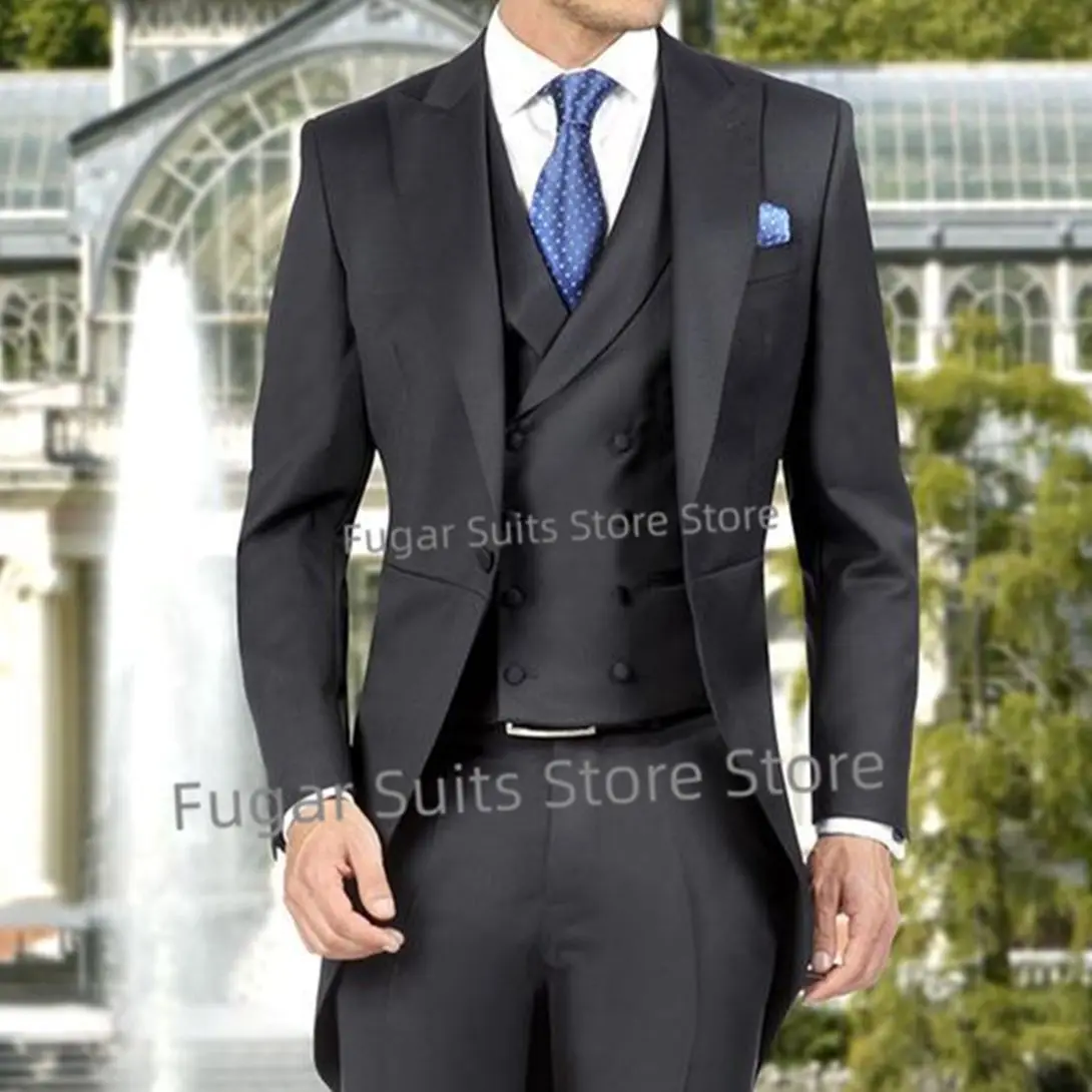 

British Style Black Long Wedding Suit For Men Slim Fit Peak Lapel Groom Tuxedos 3 Pieces Sets Elegant Male Blazer Costume Homme