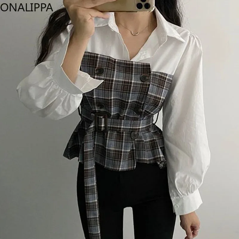 

Женский топ Onalippa, рубашка с имитацией двух предметов с поясом, Весенняя короткая блузка контрастных цветов с вышивкой в клетку на талии и ру...