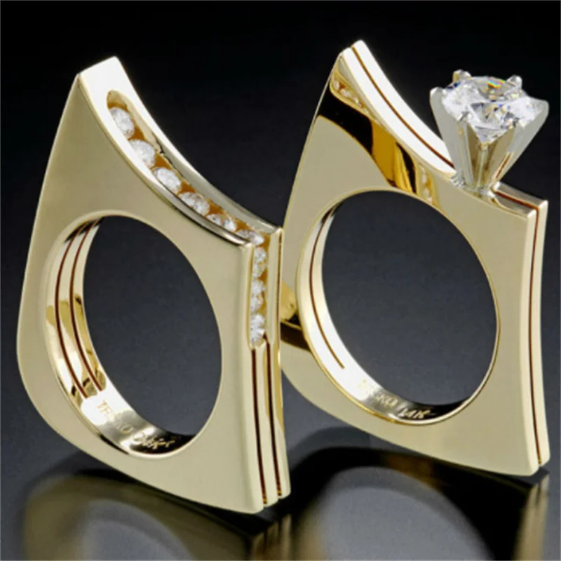 

Luxury Women Fashion Gold Color Square Geometry White Stone Rings for Women Set Wedding Engagement Jewelry