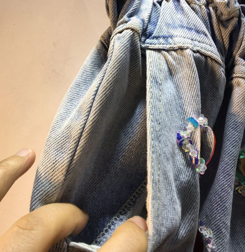 European Summer New Exquisite Rhinestone Beaded Peach Heart High Waist Denim Shorts Loose Slimming Wide-Leg jeans Shorts Women