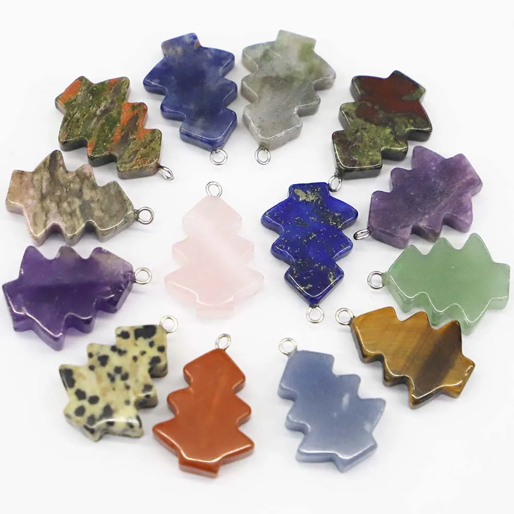 

Natural Stone Crystal Agate Christmas Tree Pendant Necklace Reiki Healing Fluorite Charm DIY Jewelry Accessories Wholesale 10Pcs