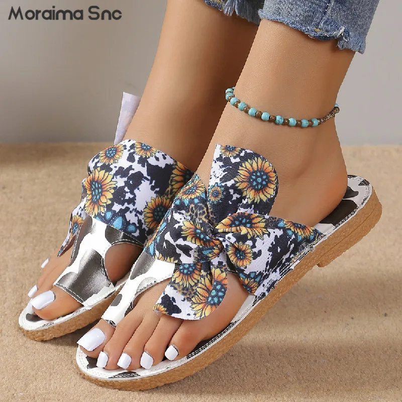 Bowknot Flower Embroidered Slip-On Slippers Summer New Round Toe Flat Bottom Large Size Women's Shoes Fashion Beach Sandals