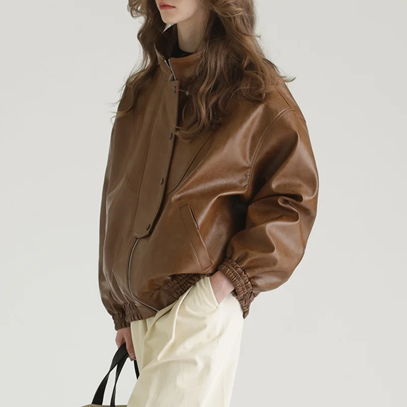 2023 New Fashion Lady Leather Jacket Oil Wax Cowhide Leather Coat Women Stand Collar Sheep Leather Streetwear TF5281