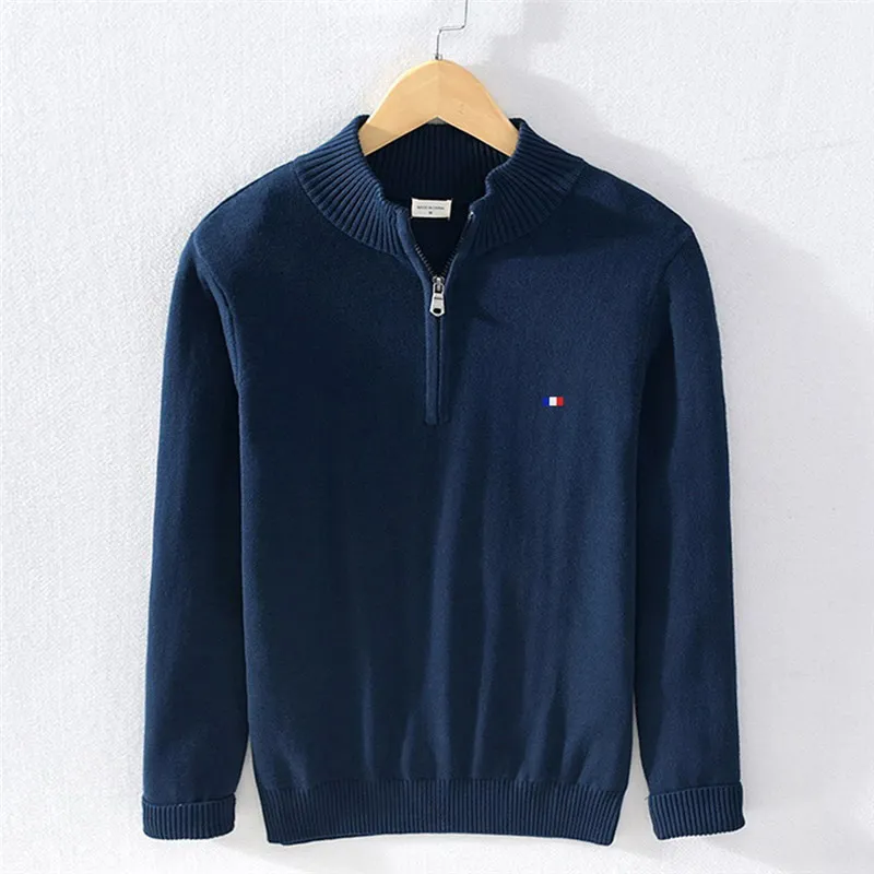 

Winter Brand Sweaters 100% Cotton Men's Half Zipper Turtleneck Warm Pullover Quality Male Slim Knitted Sweaters for Autumn 8504
