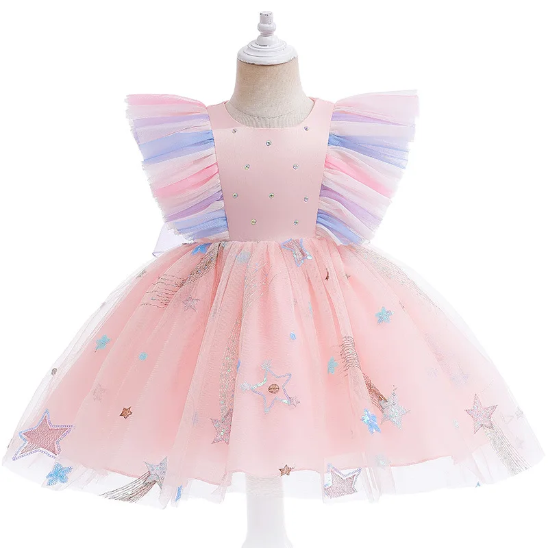 

0-5Y Baby girl dress baby baptism dress sequin princess skirt flying sleeve poncho dress girl mesh dress birthday party dress