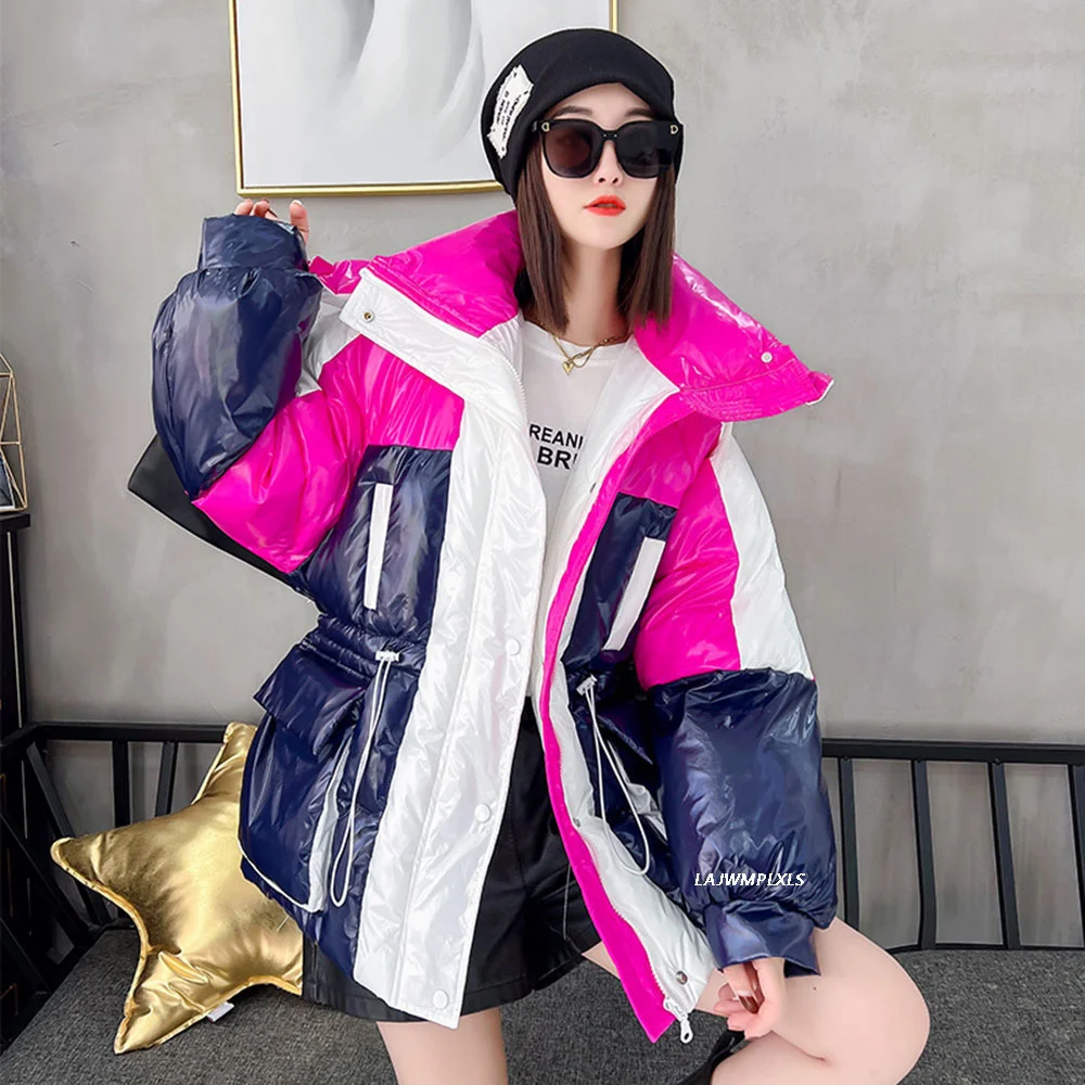 Women Loose Patchwork 2023 Coat Winter Cotton Jacket Female Parkas Drawstring Hooded Thick Warm Snow Wear Outerwear