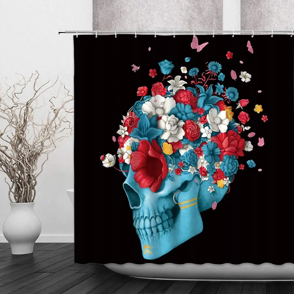 

Purple Dragons and Flowers Surround The Sugar Skull Shower Curtain Cloth Fabric Bathroom Decor Sets Hooks Waterproof Bath Decor